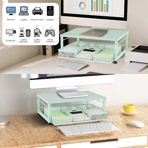 Small Laptop Stand for Desk, Monitor Stand Riser, Office Desk Accessories, Computer Desktop Stand with Drawer for Home, Office, School (Mint Green) - color: Mint Green