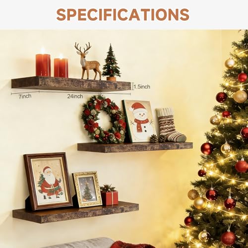 Assembly Easy Floating Shelves Set of 3,24 Inch Wall Mounted Wooden Shelf, Rustic Hanging Shelves for Home Decor, Books and Storage, Organizer for Bedroom,Small Bathroom,Kitchen,Vintage Brown - color: Vintage Brown, size: 24IN