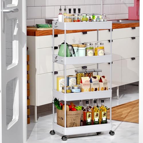 SPACEKEEPER Storage Cart, 4-Tier Mobile Shelving Unit, Bathroom Rolling Cart Utility Storage Organizer Shelf for Kitchen Living Room Bathroom Laundry Room & Dressers, Gray - color: Grey, size: 4 Tier