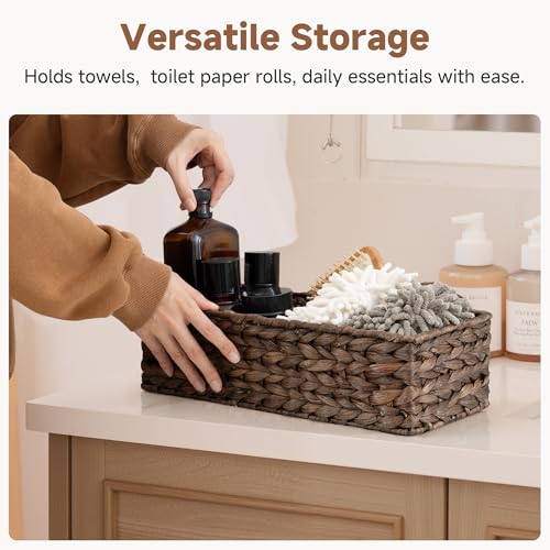 StorageWorks Brown Water Hyacinth Bathroom Basket Organizer and Storage for Tank Topper, Wicker Toilet Paper Basket for Back of Toilet Baskets, Small Narrow Tank Trays for Bathroom Decor, 2 Pack - color: Brown(water Hyacinth), size: 15 ¾"L x 6 ½"W x 4 ¼"H