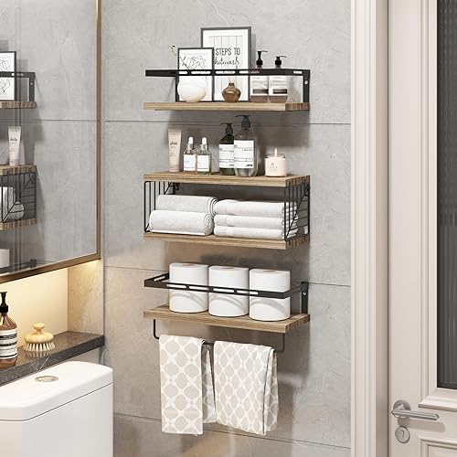 Fixwal Bathroom Shelves Over Toilet, Floating Shelves Wall Mounted with Metal Frame and Towel Bar for Bathroom, Kitchen, Bedroom, Living Room (3 Plus 1 Rustic Brown) - color: 1-rustic Brown