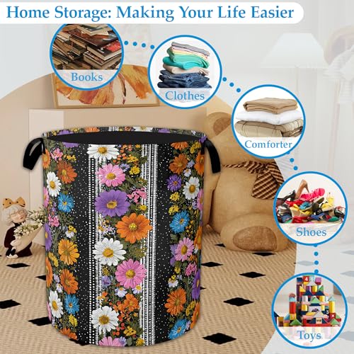 Flower Art Laundry Basket Oxford Cloth Laundry Hamper With Handle, Clothes Storage Basket Toy Organizer for Bathroom/Bedroom/Dormitories 16" X 20.8" - color: Flower Art