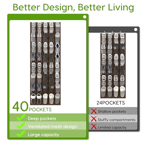 Unjumbly Over the Door Shoe Organizer with 40 Large Breathable Mesh Pockets, Space Saving Shoe Holder, Hanging Shoe Rack for Entryway Bedroom Closet Storage (Brown, 40 Pockets) - color: Brown, size: 40 Pockets