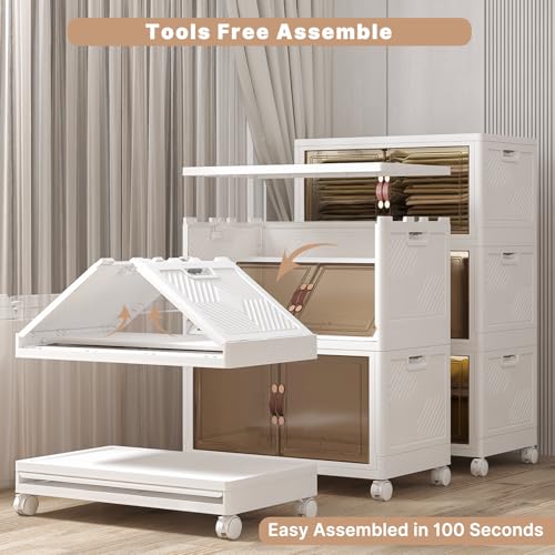 UAMFURI Extra Large Stackable Storage Bins with Lids & Wheels, 504QT-168QT/42GAL*3Pack Foldable Collapsible Closet Organizers Storage Cabinet with Doors for Bedroom Dorm - color: white, size: 3PACK-30"W20"D50"H