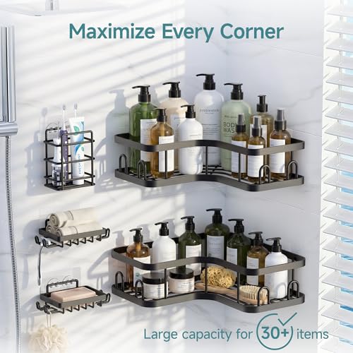 Veken Corner Shower Caddy 5-Pack, Advanced Rustproof Design, No Drilling Adhesive Shelves, Rack with Soap Holder, Bathroom Organizers and Storage, Wall-Mounted Kitchen&Home Decor,Black,Gifts for Mom - color: Black, size: 5-Piece Set(2 Large+3 Small)