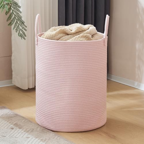 YOUDENOVA Woven Rope Laundry Hamper, 58L Tall Luandry Basket, Baby Nursery Hamper for Blanket Storage in Bedroom-Large-Pink - color: Pink, size: Tall (58L )