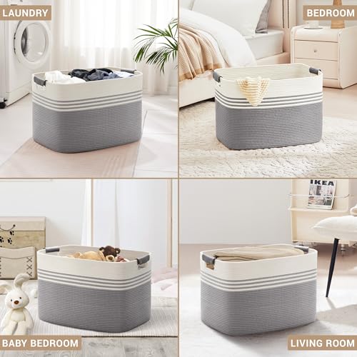 100L Extra Large Laundry Basket with Leather Handles for Living Room Storage, Woven Rope Baskets for Blanket, Kids Toy, Gifts, Wicker Hamper for Bedroom Dirty Clothes, 24"x16"x16" White Grey - color: Grey, size: 100L