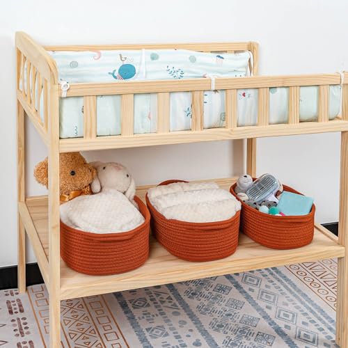 CubesLand Small Cotton Rope Storage Basket Set 5, Shelves Baskets for Organizing with Handle, Decorative Closet Storage Bins for Countertop Toilet Paper Basket for Toilet Tank Top,Rust Basket - color: Rust