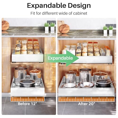 Pull out Cabinet Organizer, Expandable(12"-20") Heavy Duty Slide out Drawers Fixed with Adhesive Nano Film for Pots, Roll out Shelf Storage for Kitchen Base Cabinet, Pantry, Bathroom(2-Pack) - color: White, size: 17"D×12"-20"W(2 Pack)