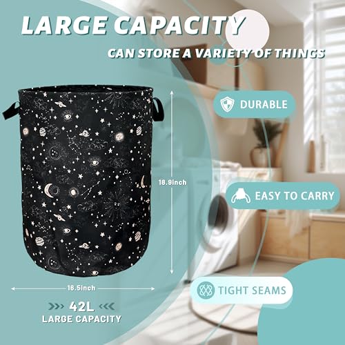 Moon and Stars Laundry Basket Foldable With Handles Colorful Tote Bag Oxford Cloth Funny Galaxy Laundry Hamper Clothes Storage Bucket Toy Organizer 18.9"x16.5" For Bathroom/Laundry/Bedroom - color: Funny Moon and Stars Galaxy
