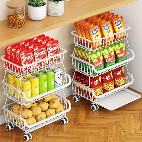 3-Tier Rolling Pantry Cart with Wheels, Stackable Wire Storage Floor Organizer for Kitchen Pantry Snack Shelves, Fruit Basket Stand, Vegetable Storage Rack for Food Snacks Onion Potato, White - color: 3 Tier-white (1 Pack)