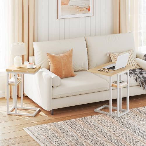 HOOBRO Foldable End Table, C Shaped Side Table with Storage Shelf, Small Snack Table Suitable for Living Room Bedroom Small Spaces, Easy Assembly, White and Natural WN29SF01 - color: White + Natural
