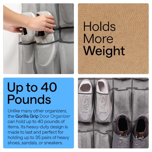GORILLA GRIP Over the Door Shoe Organizer, 35 Large Breathable Mesh Pockets, Space Saving Hanging Storage Holder, 5 Hook Closet Rack Hanger, Hangs on Closets for Shoes, Accessories 68.5H x 24.5W Grey - color: Grey, size: 35 Pockets/5 Hooks