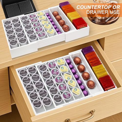 MinBoo Bamboo Drawer Organizer - Expandable K Cup & Pods Holder, Coffee Pod Storage, Tea Organizer, Versatile Kitchen Accessory Organization and Storage,White - color: White