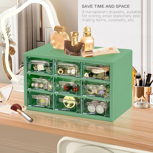 Desk Storage Organizer with 9 Drawers, FODIENS Stackable Desktop Craft Drawer Cabinet, Clear Storage Box Caddy for Makeup Jewelry Office Craft Supplies (9.84×6.3×5.9in) (Green) - color: Green
