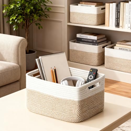 5 Pack Woven Storage Baskets for Shelves, Decorative Basket Organizer Storage Bins for Toys, Books, Clothes, Closet, Nursery, Bathroom – Cotton Rope Shelf Baskets for Organizing, Khaki & White - color: Khaki & White