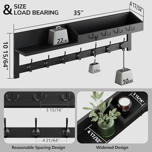 AMBIRD 35 inch Wall Hooks with Shelf, Coat Rack Wall Mount, Large Coat Hanger for Wall, Entryway Shelf with 7 Dual Coat Hooks, 4 Key Hooks and Mail Organizer, Wooden Key Holder Rack (Black) - color: Black, size: 35" L