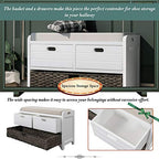 Solid Acacia Wood Entryway Bench - Fully Assembled Storage Bench with 2 Drawers, Rattan Basket & Cushion, No Assembly Required (White) - color: White