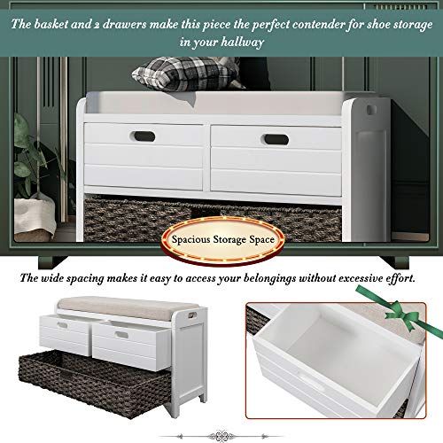 Solid Acacia Wood Entryway Bench - Fully Assembled Storage Bench with 2 Drawers, Rattan Basket & Cushion, No Assembly Required (White) - color: White