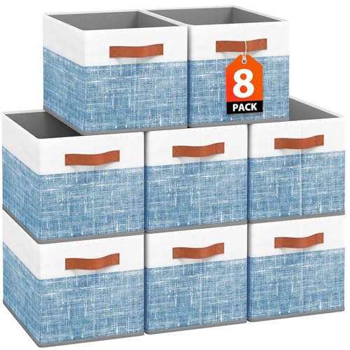 Fab totes Collapsible Storage Baskets for Shelves,14"x10", 8 Pack Foldable Fabric Storage Bins with Double Leather Handles, Large Baskets for Organizing Books, Clothes, White & Blue - color: Blue, size: 8pack