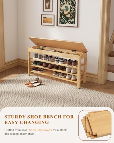 IUNVR Shoe Rack Bench Seat Rubberwood 3-Tier Wooden Storage Bench 550lbs Compact Mid-Century Modern Design for Entryway, Hallway, Closet, Front Door Entrance, Foyer - color: Natural-3 Tier(wood), size: 39.4"W x 11.8"D x 20.5"H