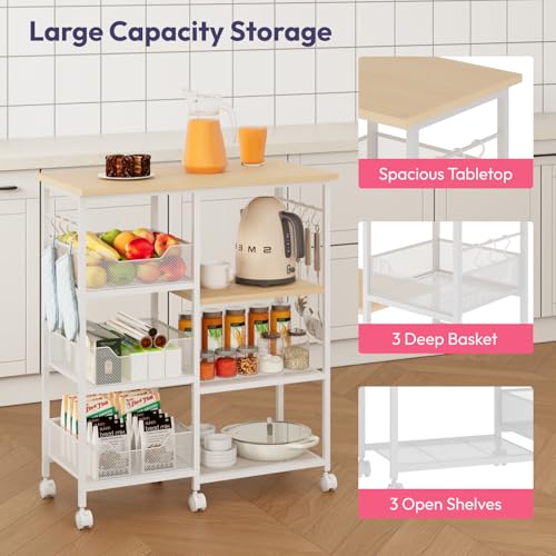 SWTYMIKI Kitchen Island Cart on Wheels - 28.35x14.57in Rolling Kitchen Table Cart with Storage Shelves, 6 Removable Hooks& Locking Casters, Coffee Bar Cabinet for Dining Room Pantry Office, White - size: 28x14.57in, style: White