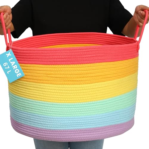 OrganiHaus Rainbow Blanket Basket for Classroom & Nursery, Extra Large Woven Laundry Basket w/Handles, Kids Toy Organizer & Storage, Soft Round Dog Toy Storage Bin, Cute Bin - 20"x13" in - color: Rainbow, size: Wide