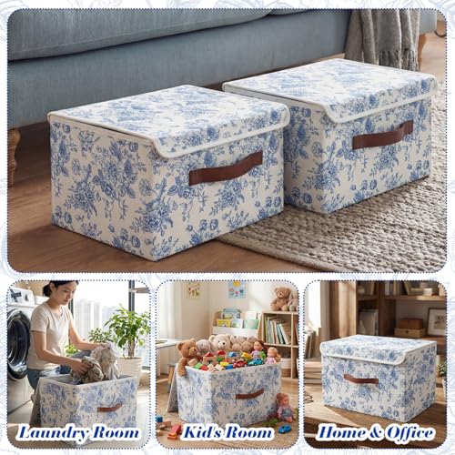 2 Pack Blue Floral Storage Bin with Lids Handles Large Blue and White Porcelain Storage Boxes 15x10x10 Inch Foldable Fabric Basket Decorative Cube Organizer for Clothes Nursery Home Dorm - size: 15 x 10 x 8 inches