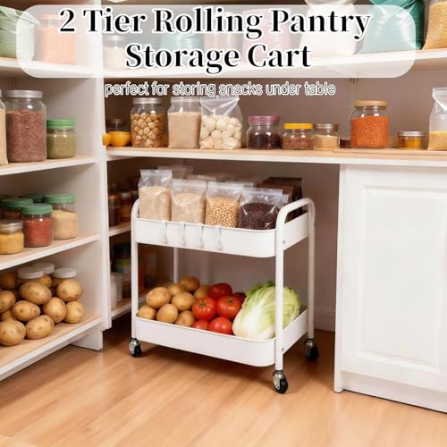 2 Tier Metal Rolling Cart with Wheels for Under Desk Storage & Pantry Storage, High Load-Bearing Kitchen Utility Cart for Small Space, Laundry Room Organization Side Table with 4 Hooks, White - color: White