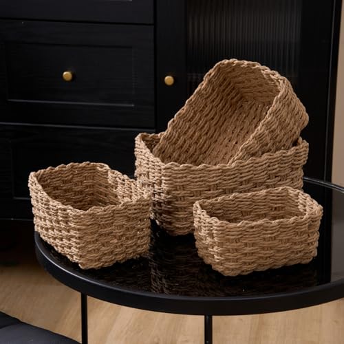 4PCS Woven Storage Baskets Set, Small Baskets for Organizing, Square Handwoven Paper Rope Organizer Bins for Shelves and Home Storage (Brown) - color: Brown