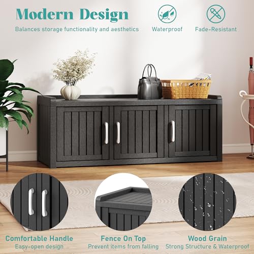 KAMABOKO Outdoor Shoe Storage Cabinet Waterproof UV-Resistant, Entryway Storage Bench Indoor Outdoor with 3 Barn Doors, Adjustable Shelves for Entryway, Bedroom, Hallway,Living Room(Black) - color: Black, size: 3 Door