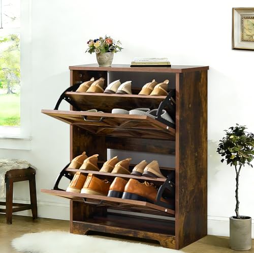 Shoe Storage Cabinet with 2 Flip Drawers, Farmhouse Shoe Organizer with Barn Door Design, Space-Saving Hidden Narrow Shoe Rack Cabinet for Entryway, Hallway & Foyer, Brown - color: Brown, size: 1 pcs-2 Flip Drawers
