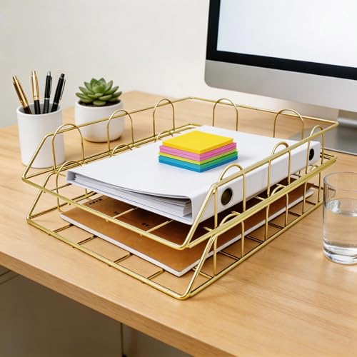 JIARI 2 Pack Desk Organizer Stackable Letter Tray Paper Organizer, Metal Desk Organizer Tray for Letter/A4 Paper Storage, for Office Supplies (Gold 2 Pack) - color: Gold 2 Pack