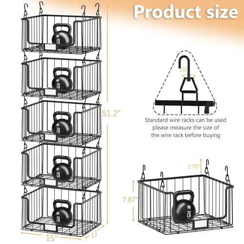 5-Tier Hanging Laundry Room Organizer with Label Cards, Foldable Wire Shelf Basket with 4 Rotating Hooks, Stacked Storage Rack for Laundry Rooms, Closet and Pantry, Black Metal - color: Black, size: 5Tier-15"D x 11"W