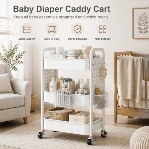 3 Tier Rolling Cart Metal with DIY Pegboard, White Rolling Cart on Wheels for Art Supply Organizer, Three Tiered Craft Organizers and Storage Cart, Utility Hobby Carts for Baby Diaper Caddy,Nail,Book - color: White, size: 3 Tier+Pegboard+Cups+Hooks