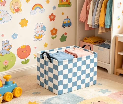 HIYAGON Rectangular Kids Basket Baby Girl Basket Fabric Storage Bin Organizer Box Room Decor(Blue Checkered) - color: Blue Checkered