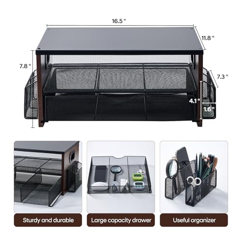 Printer Stand,Desktop Printer Stand with 2-Tier Storage Shelves for Home Office，Desk Organizer with Drawer and 2 Pen Holders for Fax Machine Scanner Files