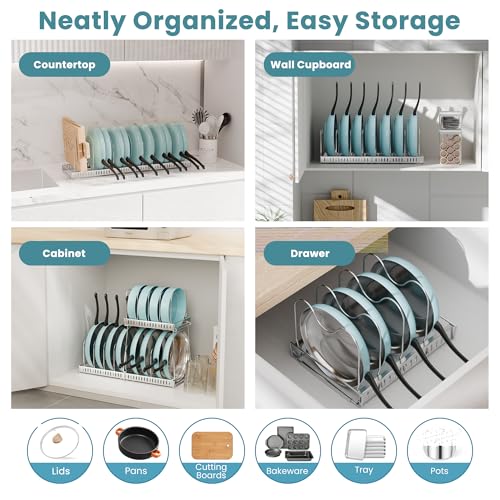 3-Pack Pots and Pans Organizer for Under Cabinet, 2Tier 14 Dividers 3 DIY Method Expandable Easy Install, Kitchen Pot Pan Lid Rack Storage Holder Organizers Inside Cabinet, White - color: White