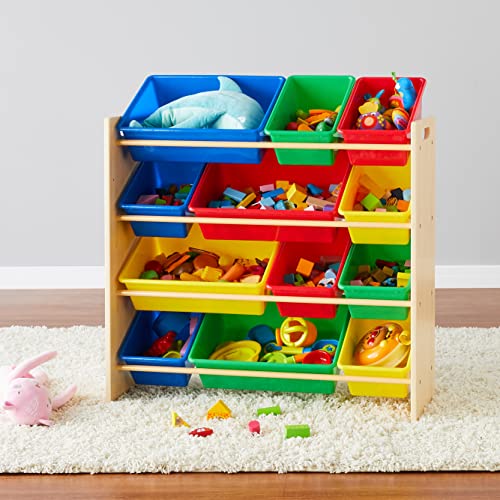 Amazon Basics Kids Toy Storage Organizer With 12 Plastic Bins, Natural Wood, Multicolor, for Bedroom and Playroom, 33.85"D x 12.79"W x 35.42"H - color: Natural Wood With Bright Bins