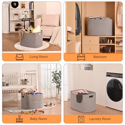 ICERZCZ Large Grey Storage Basket, Blanket Baskets for Living Room, Large Toy Basket for Storage, Woven Cotton Rope Baskets for Blankets, Clothes, Shoes, Books, Grey, 25”x16”x16” (105L) - color: Grey, size: 25”x16”x16”