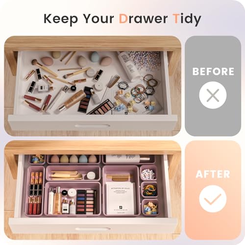 A-LuGei 【𝟮𝟴𝗣𝗖𝗦】 【𝟱𝗦𝗶𝘇𝗲】 Purple Drawer Organizer, Makeup organizer, 【Holds 177 Items】 Bathroom Organizers and Storage, Plastic Desk Organizer Divider, Organizer Bins for Office Vanity - color: Lilac