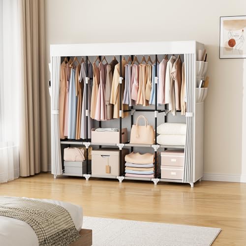 VTRIN Portable Closet for Hanging Clothes 67 Inch Wide Large Capacity Portable Wardrobe Closet with Cover, 4 Storage Shelves and 4 Hanging Rod Sturdy Free Standing Closet for Bedroom, White - color: White, size: 4 Row - 67'' Wide