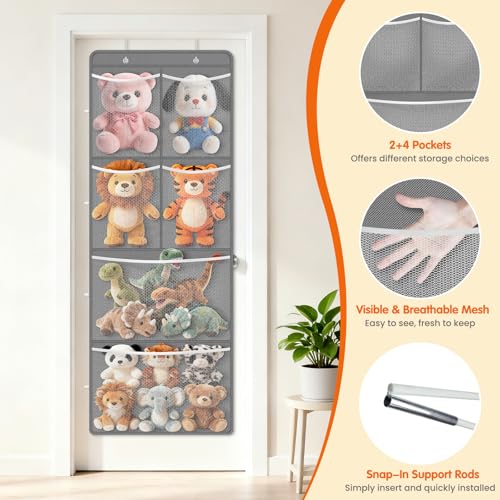 SpaceHacks Stuffed Animal Storage - Large Over the Door Organizer with 6 Expandable Mesh Pockets & Metal Hooks, Non-Woven Fabric Hanging Plush Items Holder for Nursery, Bedroom, Playroom (Gray) - color: Grey