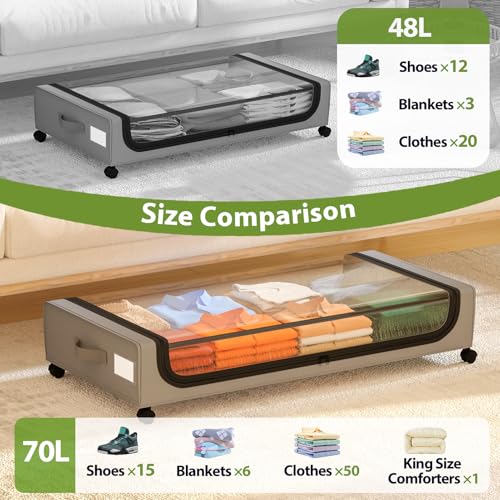 GoMaihe Under Bed Storage with Wheels: 70L Underbed Storage Containers with Lids - Rolling Bins for Shoes Clothes in Dorm Bedroom - Metal Drawers Easy Pull-out Grey 2-Pack - color: Grey, size: Extra Large(2Pack)