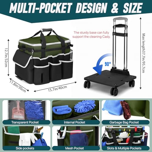 Large Rolling Cleaning Caddy Bag with Detachable Trolley, Full Support Plates for Professional Cleaning Supplies Bag, Organizer Bag with 4 Universal Wheels for Housekeepers, Car Wash (Green) - color: Green