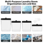 COAZEX 4 Pack Clear Laundry Pods Container & Dryer Sheet Holder, Plastic Square Laundry Room Organization and Storage Jars with Lids, Scoops & Labels for Detergent, Powder, Dryer Balls (Black Lid) - color: A-2+1+1 Pack(Black Lid)