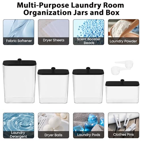 COAZEX 4 Pack Clear Laundry Pods Container & Dryer Sheet Holder, Plastic Square Laundry Room Organization and Storage Jars with Lids, Scoops & Labels for Detergent, Powder, Dryer Balls (Black Lid) - color: A-2+1+1 Pack(Black Lid)