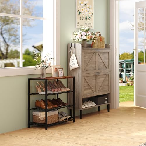 HOMEFORT 4-Tier Shoe Rack Organizer, Shoe Tower for Closet, Shoe Storage Shelf with MDF Top Board, Each Tier Fits 3 Pairs of Shoes, Entryway Shoes Organizer with Sturdy Metal Shelves, Rustic Brown - color: Rustic Brown, size: 4-Tier (11.8"D x 23.23"W x 24