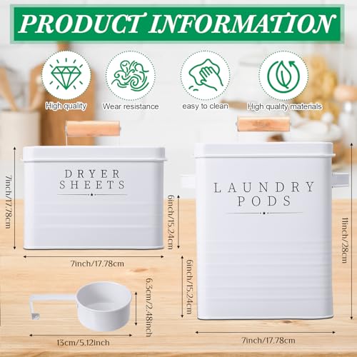 Yaocom 2 Pcs Laundry Pod Container with Dryer Sheet Holder Farmhouse Laundry Room Decor Organization and Storage Detergent Container Box with Lid Handle Metal Dryer Sheet Dispenser(White) - color: White