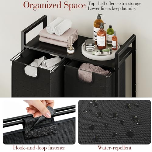 Kitstorack Laundry Basket Organizer, Laundry Hamper with Shelf & 2 Pull-Out Removable Bags, Dirty Clothes Hamper Organizer for Laundry Room Bathroom and Dorm, 2 x 11.8 gallons (44.5L) - color: Black, size: 2 Bags(28.4"L x 12.6"W x 27.6"H)